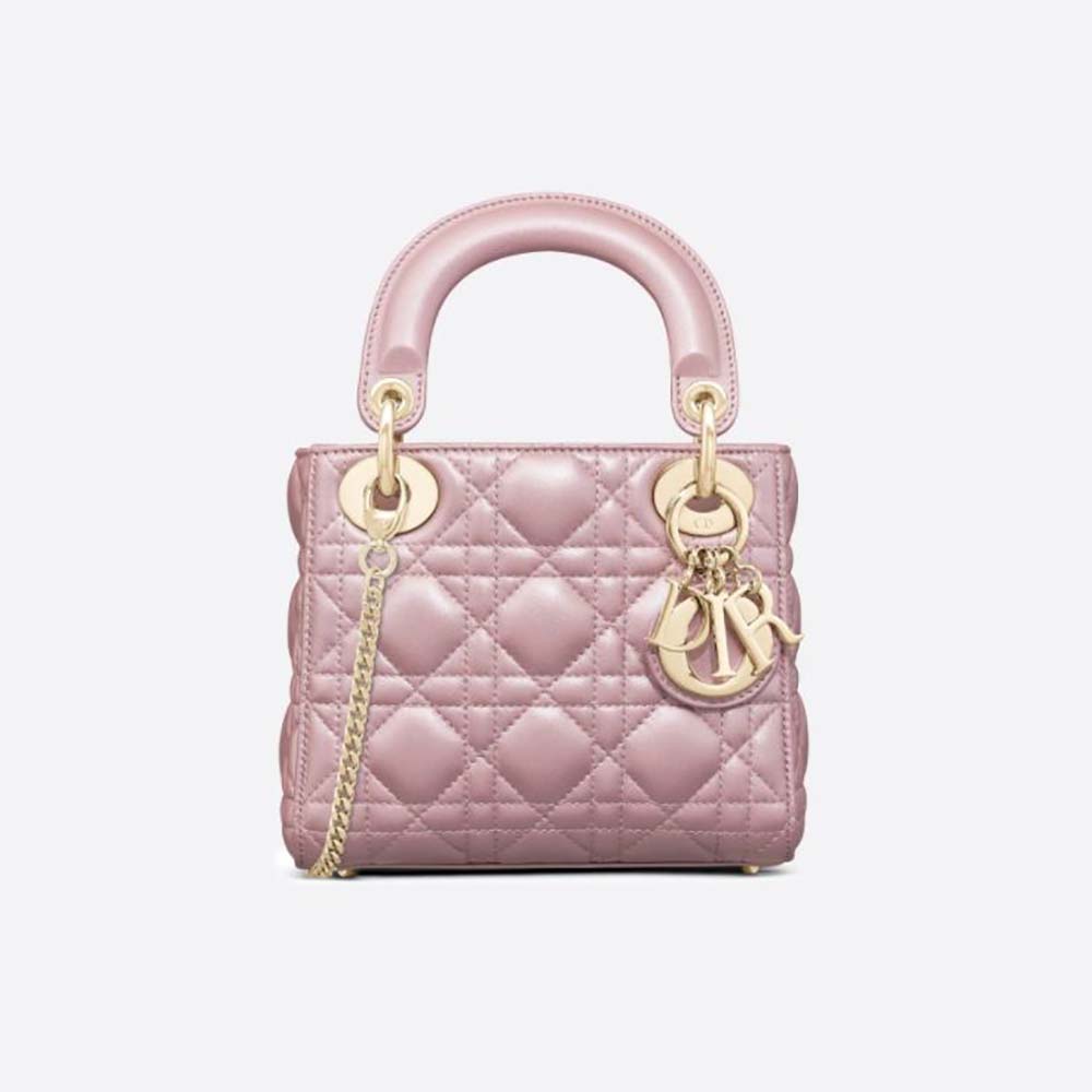 Front view of Dior Women Mini Lady Dior Bag Pearlescent Cannage Lambskin-Pink