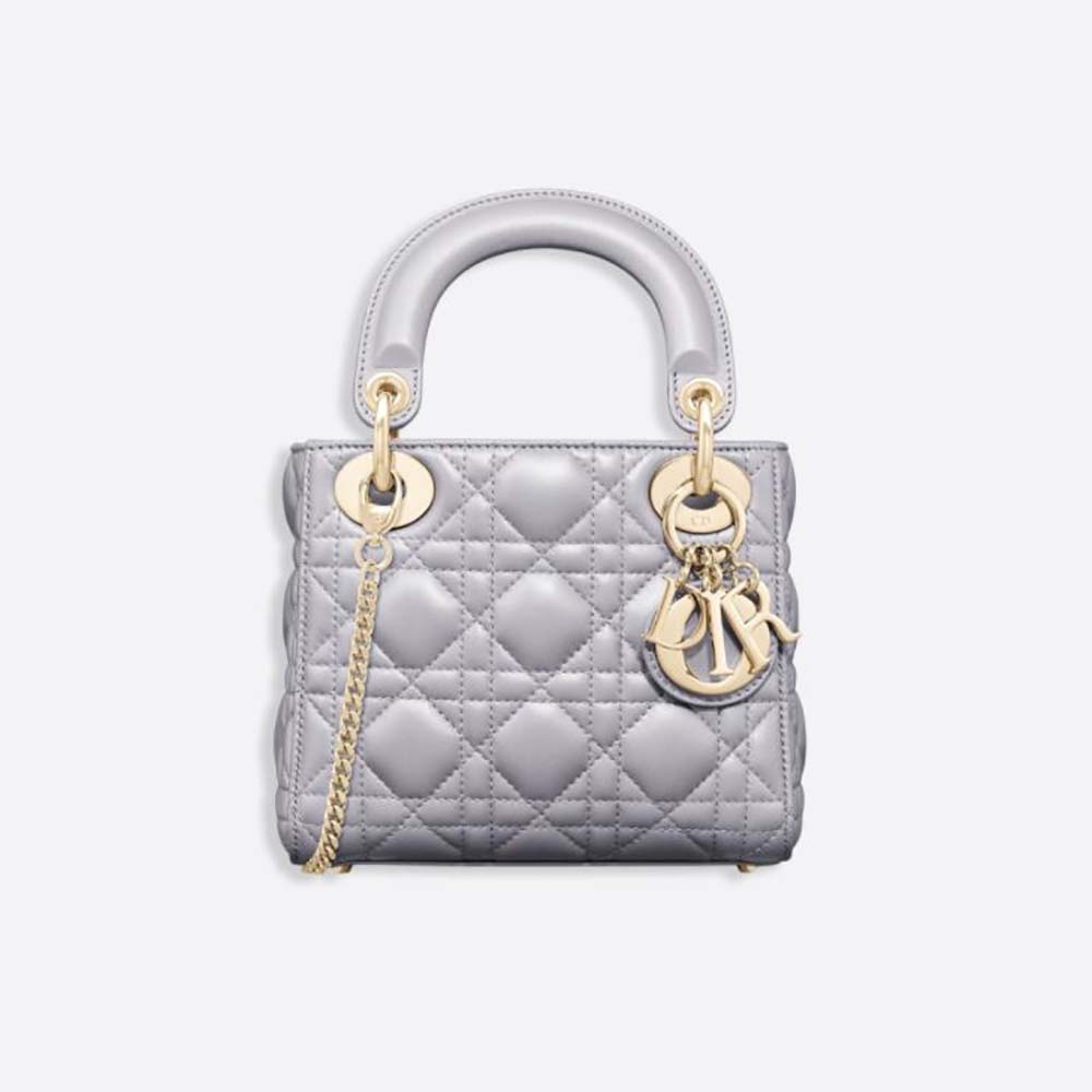 Front view of Dior Women Mini Lady Dior Bag Pearlescent Cannage Lambskin-Silver