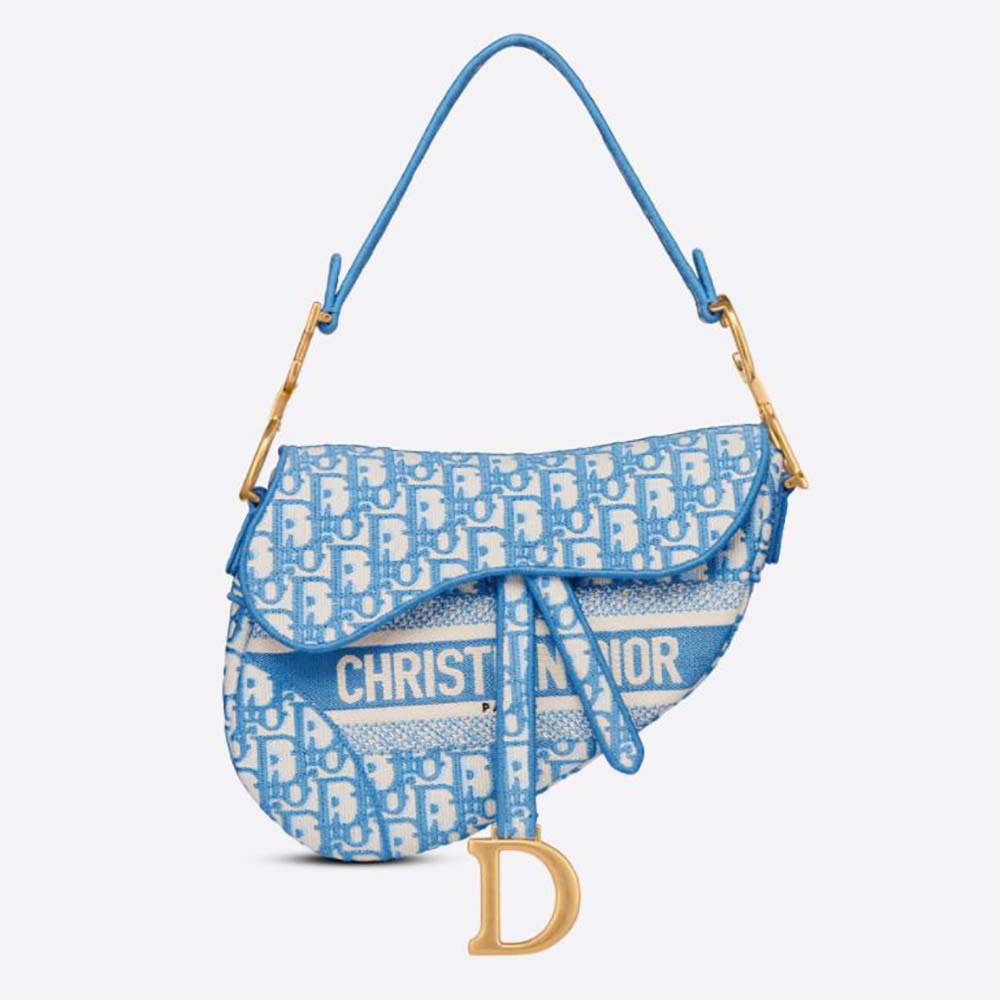 Front view of Dior Women Saddle Bag Cornflower Blue Dior Oblique Embroidery