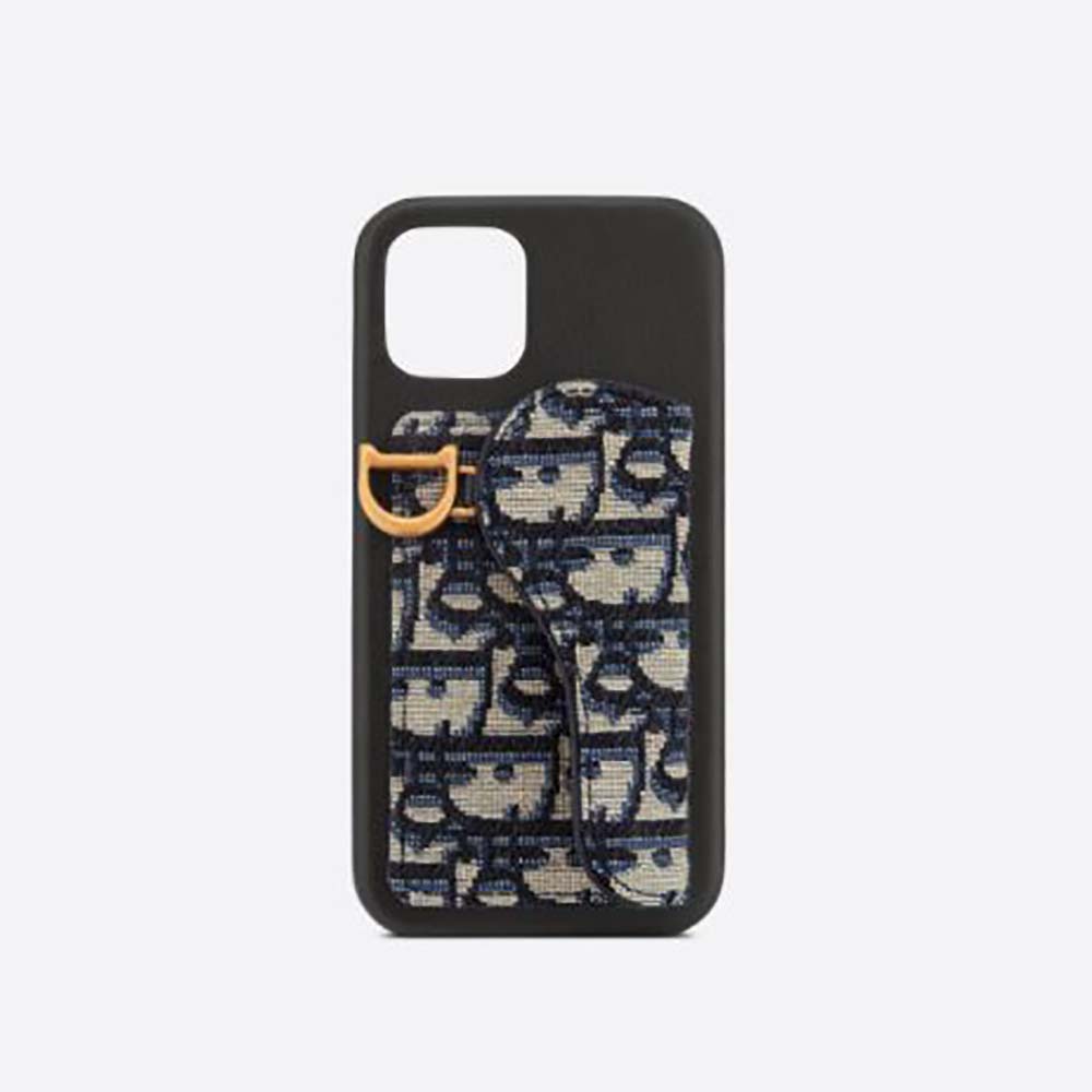Front view of Dior Women Saddle Cover for Apple iPhone Blue Dior Oblique jacquard