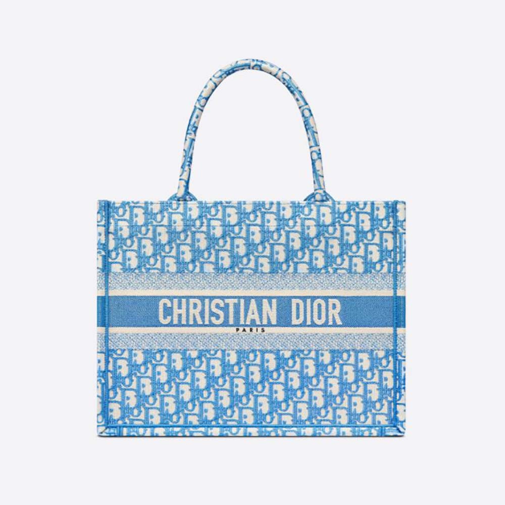 Front view of Dior Women Small Dior Book Tote Cornflower Blue embroidery