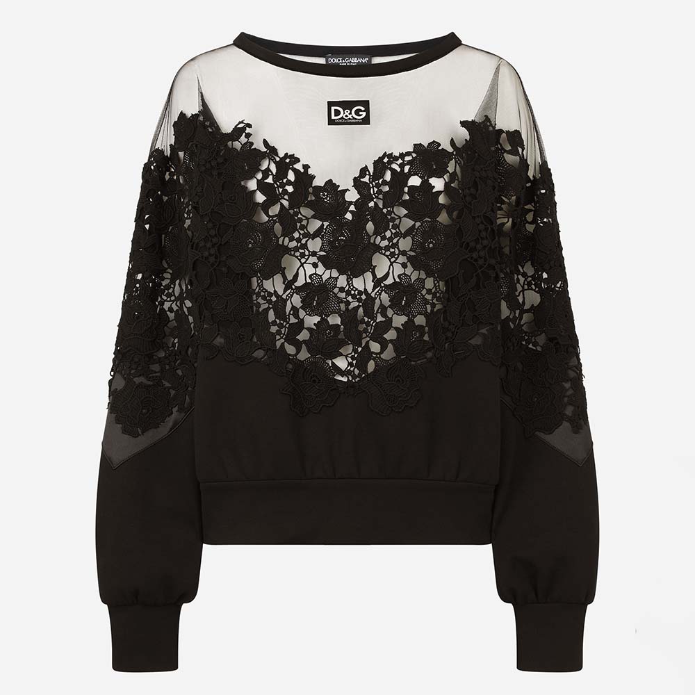 Front view of Dolce Gabbana D&G Women Jersey Sweatshirt with Tulle and Macrame Details