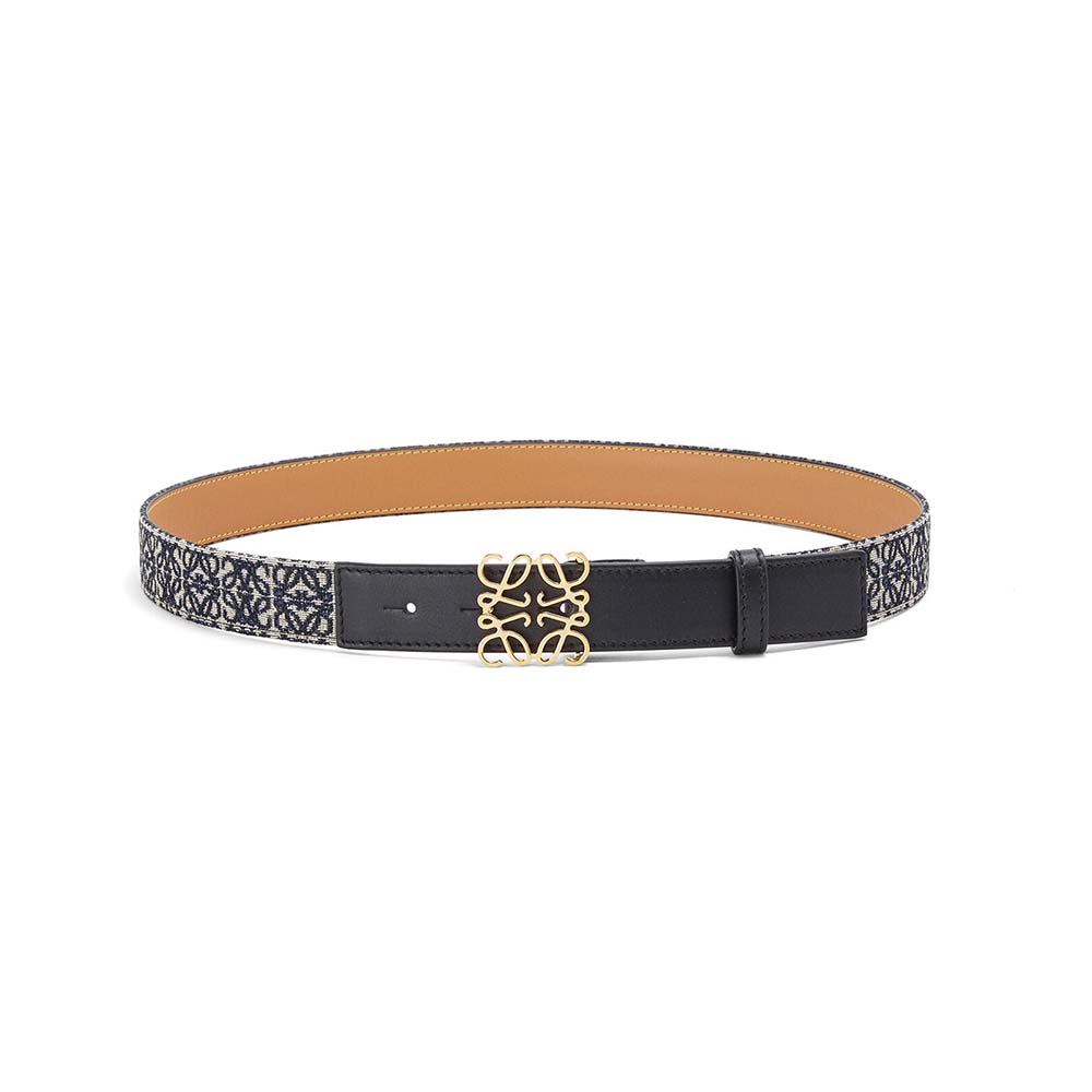 Front view of Loewe Women Anagram Belt in Jacquard and Calfskin Black