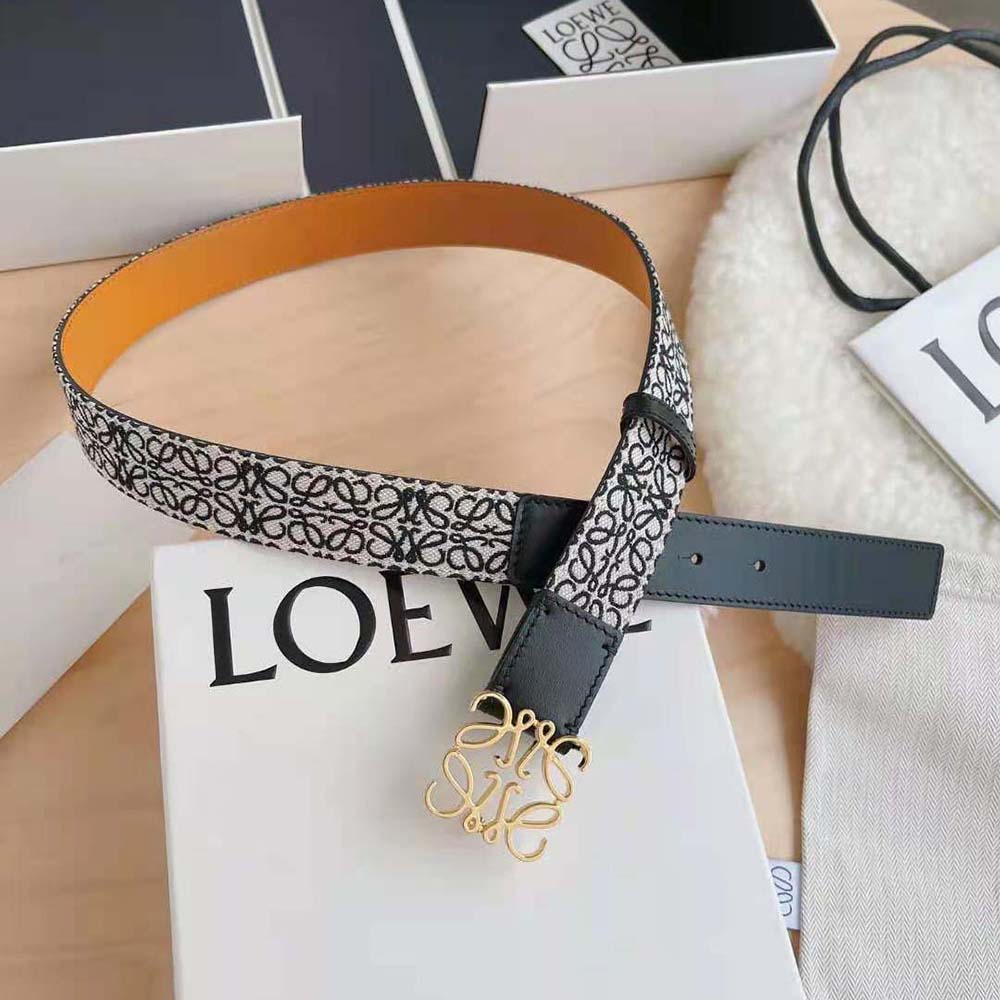 Close-up of the Loewe Anagram metal buckle on black jacquard belt