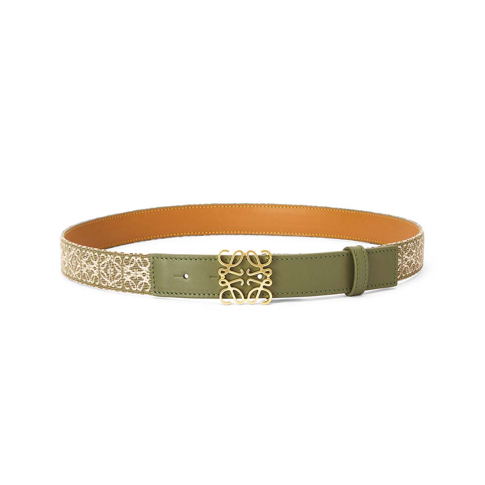 Front view of Loewe Women Anagram Belt in jacquard and calfskin green
