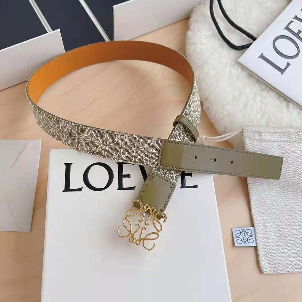 Close-up of gold Anagram buckle on Loewe Women Anagram Belt green