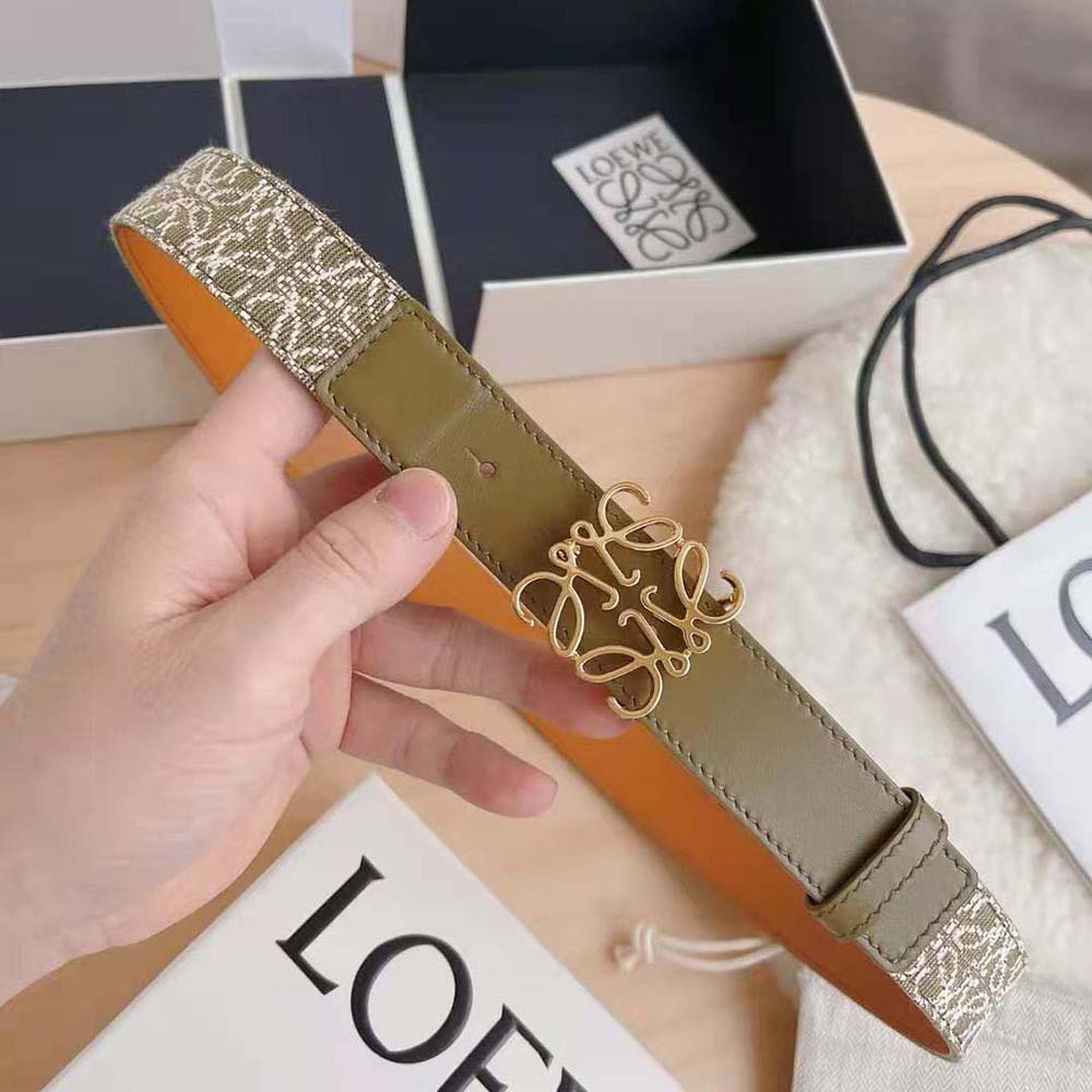 Side angle showing texture of jacquard and calfskin on Loewe Women Anagram Belt