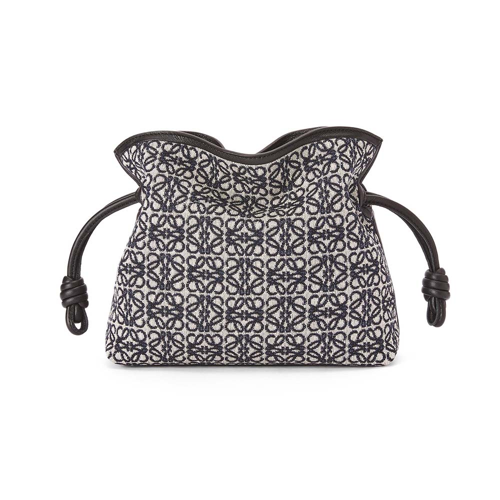 Front angle view of Loewe Women Mini Flamenco Clutch in Anagram Jacquard Black