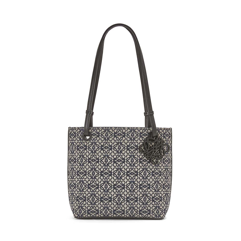 Front view of Loewe Women Square Tote Bag in Anagram Jacquard and Calfskin-Black