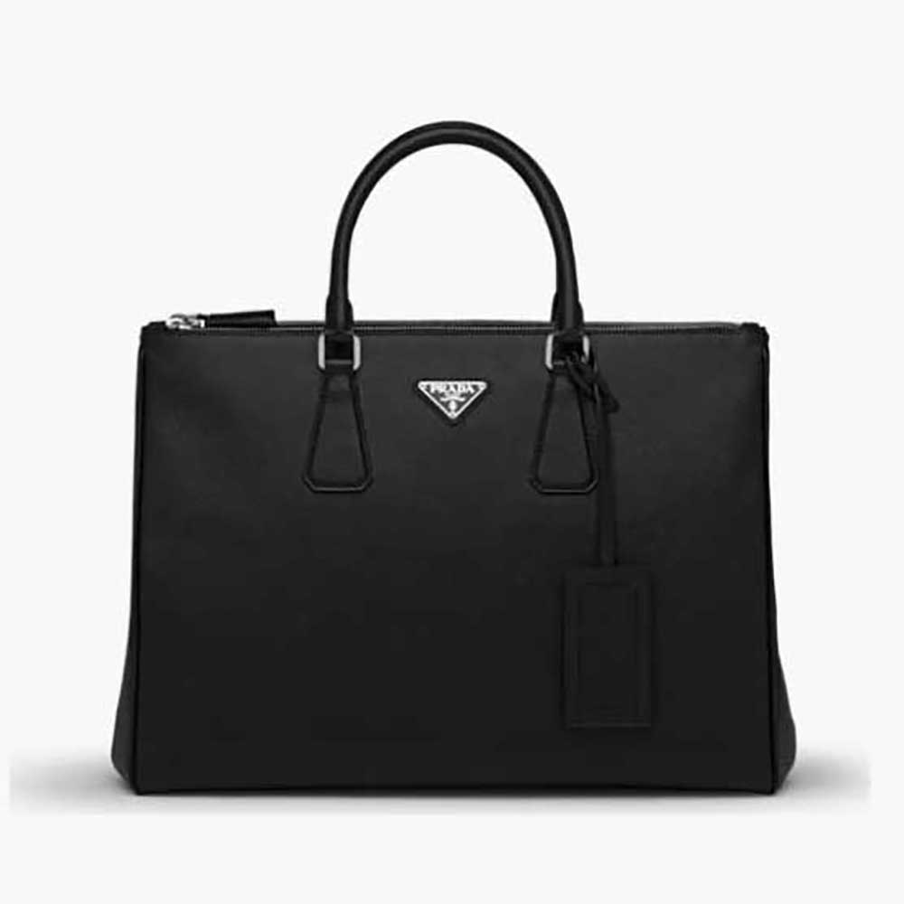 Front view of Prada Men Saffiano Leather Prada Galleria Bag-Black with silver hardware