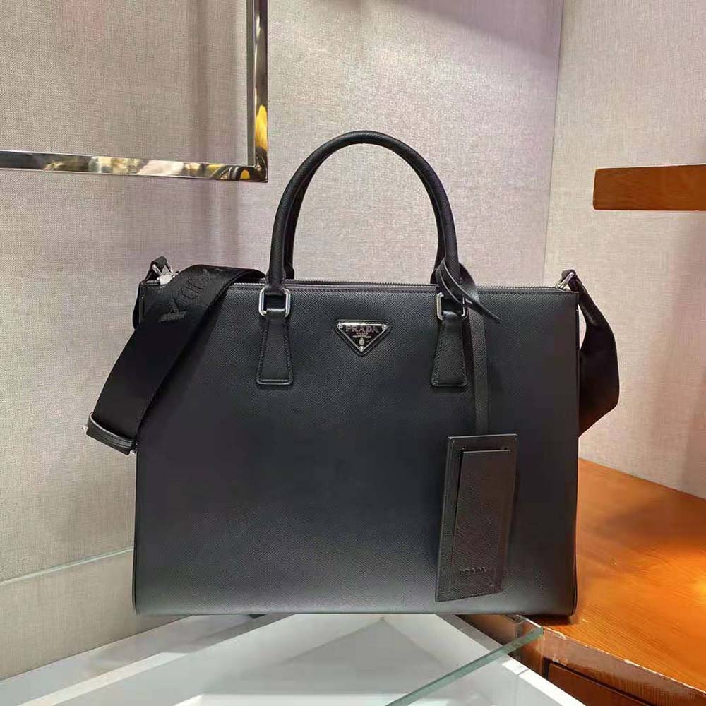 Side profile showing structured silhouette of Prada Men Saffiano Leather Prada Galleria Bag-Black