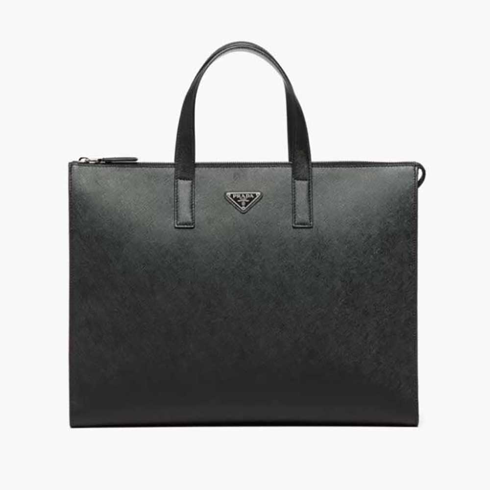 Front view of Prada Men Saffiano Leather Tote with crosshatch pattern