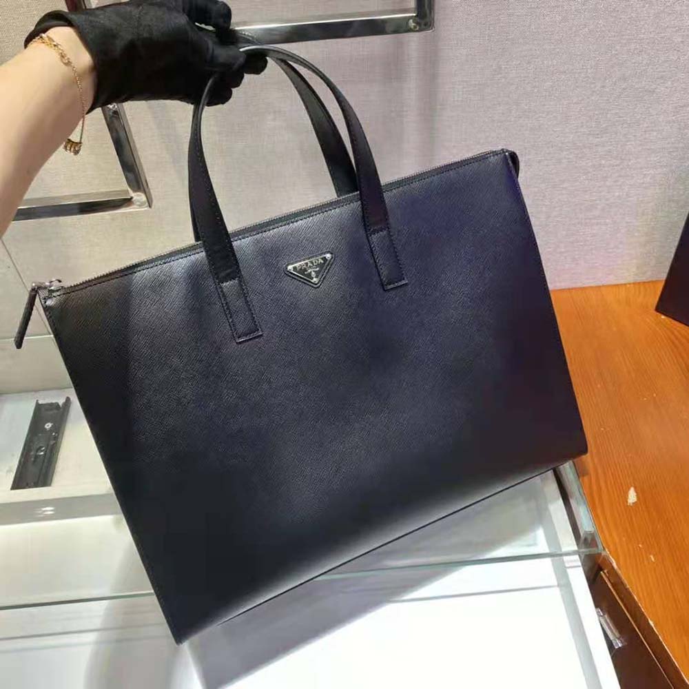 Prada Men Saffiano Leather Tote with a Crosshatch Pattern and Wax Finish-Black - image 6