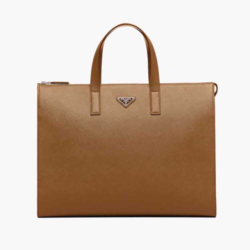 Front view of Prada Men Saffiano Leather Tote with crosshatch pattern
