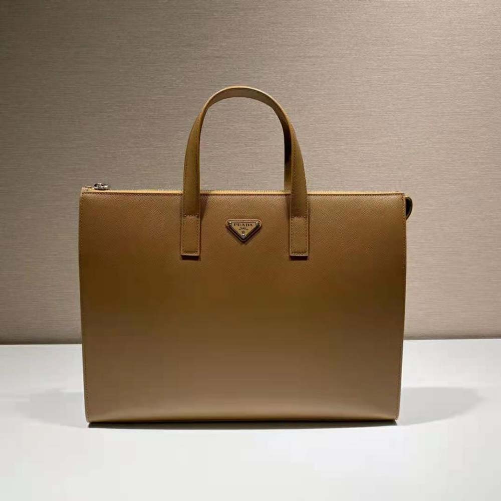 Close-up of brown Saffiano leather texture on Prada Men Saffiano Leather Tote