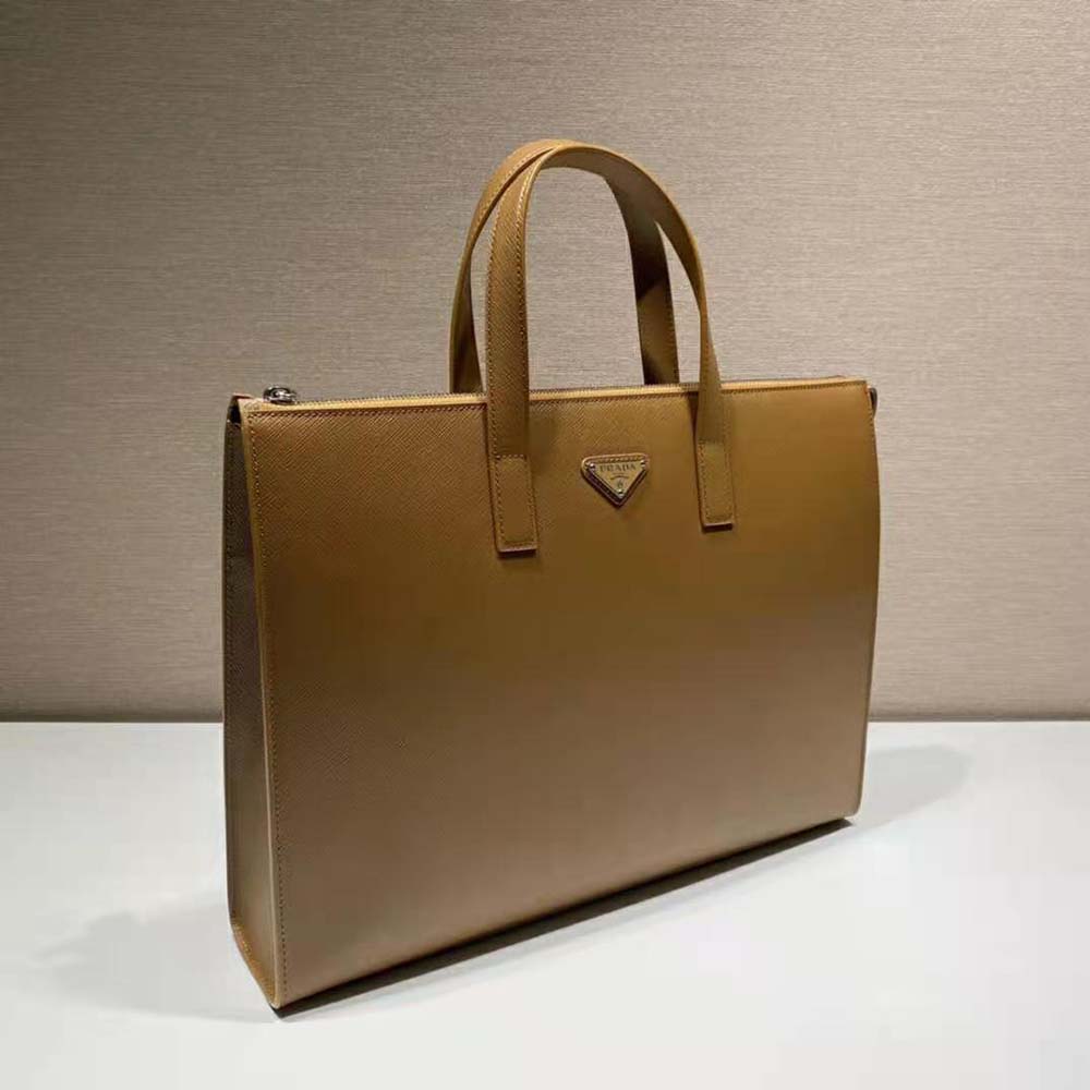 Prada Men Saffiano Leather Tote with a Crosshatch Pattern and Wax Finish-Brown - image 4