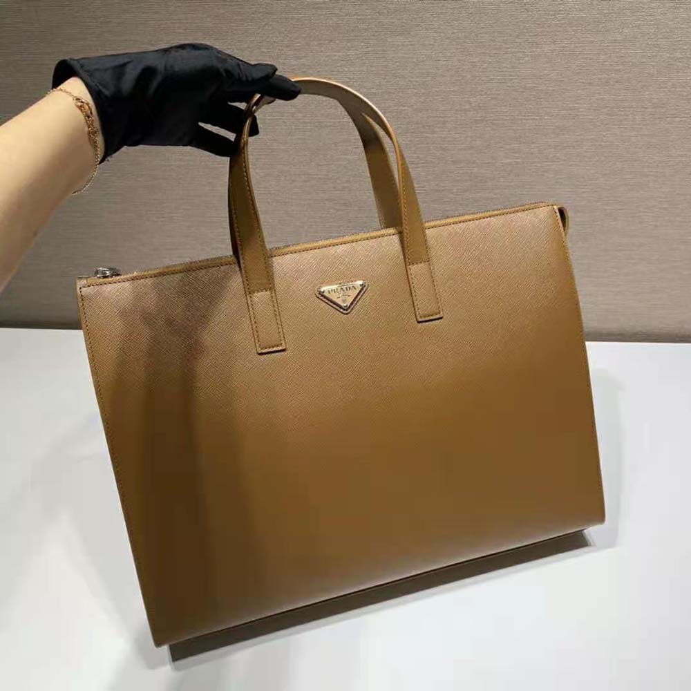 Prada Men Saffiano Leather Tote with a Crosshatch Pattern and Wax Finish-Brown - image 5
