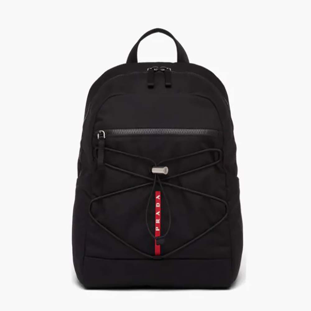 Front view of Prada Men Technical Fabric Backpack black sleek design