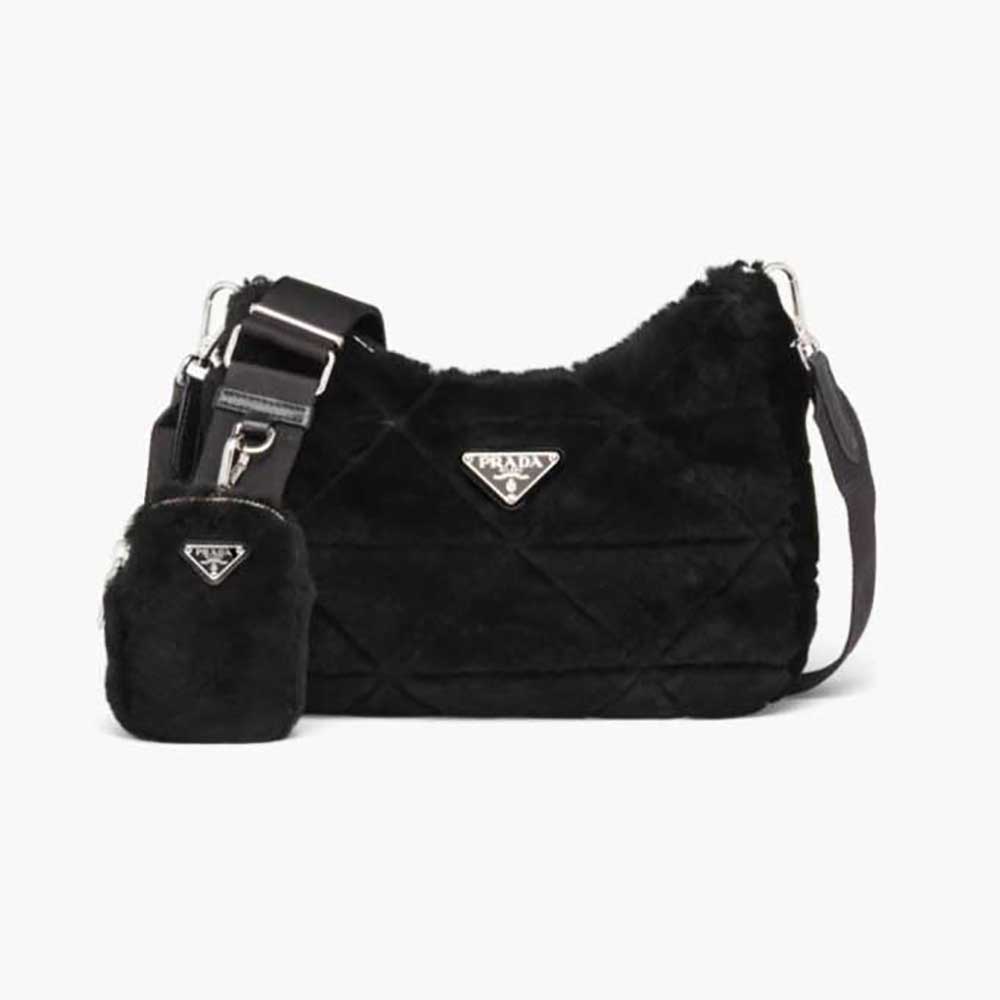 Front view of Prada Women A Patchwork-style Triangle Motif Shearling Shoulder Bag-Black