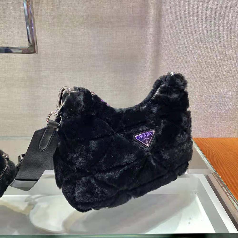 Prada Women A Patchwork-style Triangle Motif Characterizes Shearling Shoulder Bag-Black - image 4