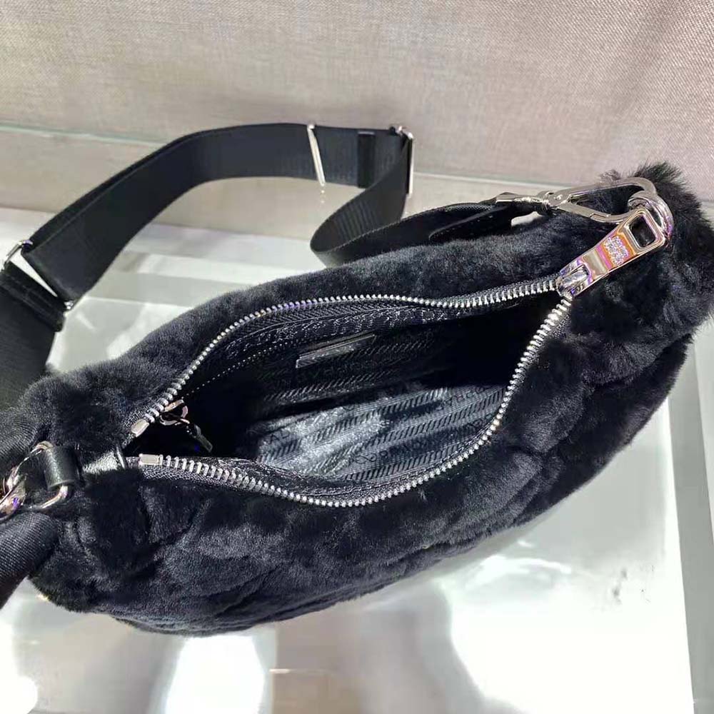 Prada Women A Patchwork-style Triangle Motif Characterizes Shearling Shoulder Bag-Black - image 6