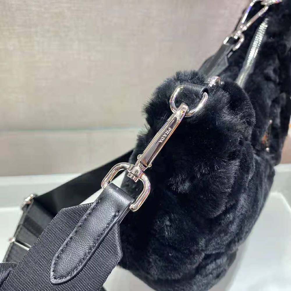 Prada Women A Patchwork-style Triangle Motif Characterizes Shearling Shoulder Bag-Black - image 7