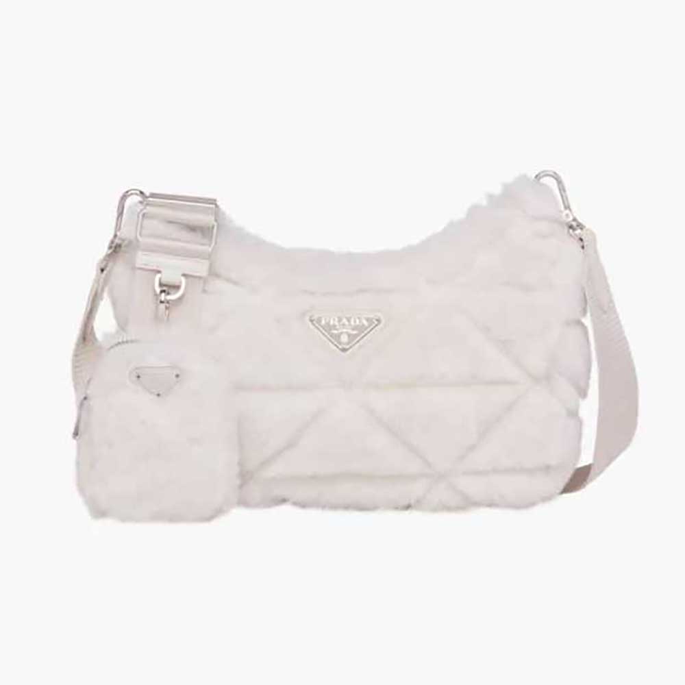 Front view of Prada Women A Patchwork-style Triangle Motif Shearling Shoulder Bag