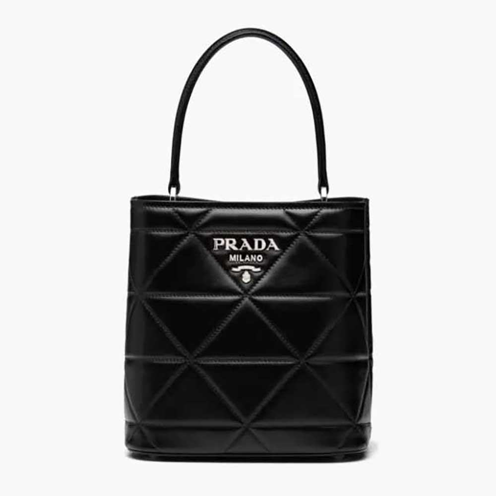 Front view of Prada Women Bucket Design Spectrum Leather Bag-Black