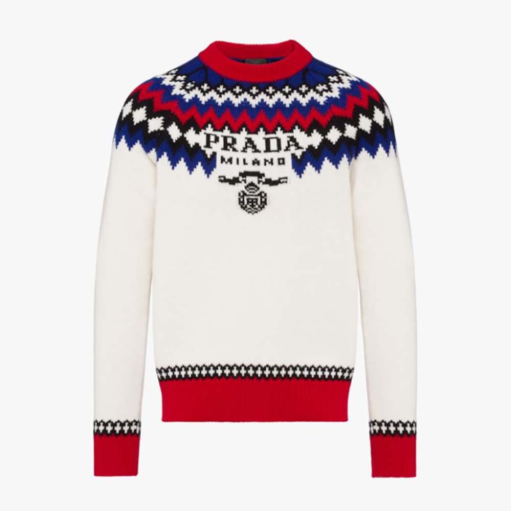 Front view of Prada Women Cashmere Crew-Neck Sweater in white