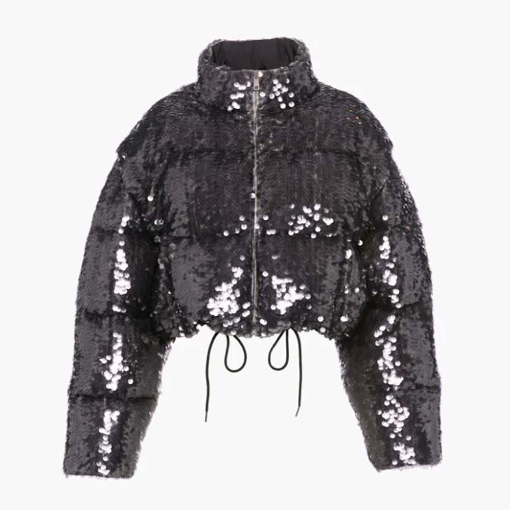 Front view of Prada Women Convertible Sequined Re-Nylon Down Jacket-Black with zipper