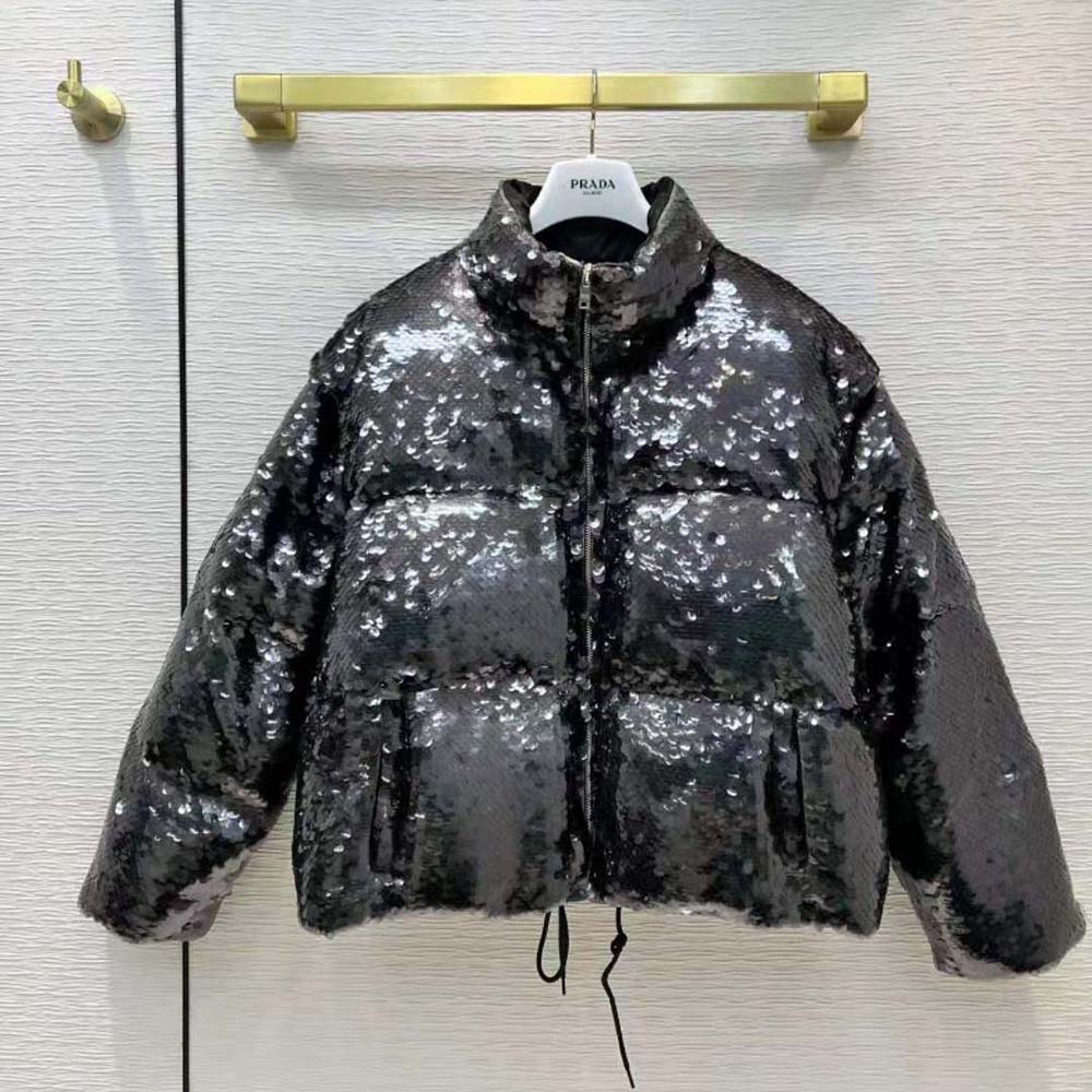 Close-up of sequined detailing on Prada Women Convertible Sequined Re-Nylon Down Jacket-Black