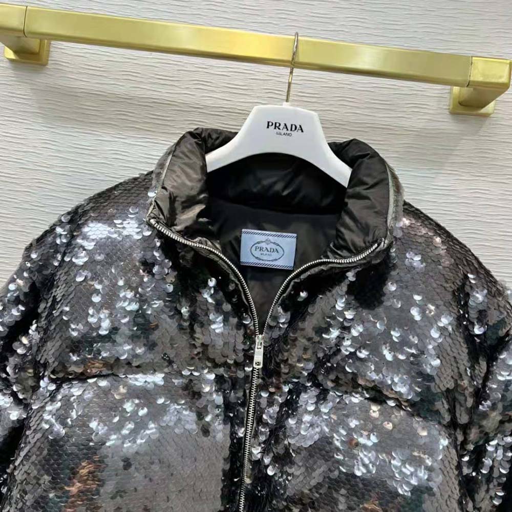 Prada Women Convertible Sequined Re-Nylon Down Jacket-Black - image 4