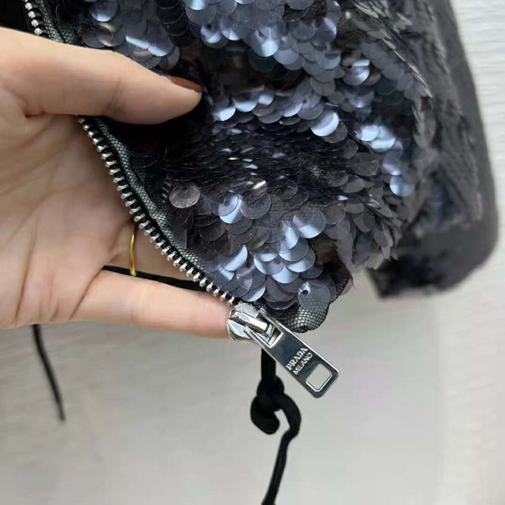 Prada Women Convertible Sequined Re-Nylon Down Jacket-Black - image 10