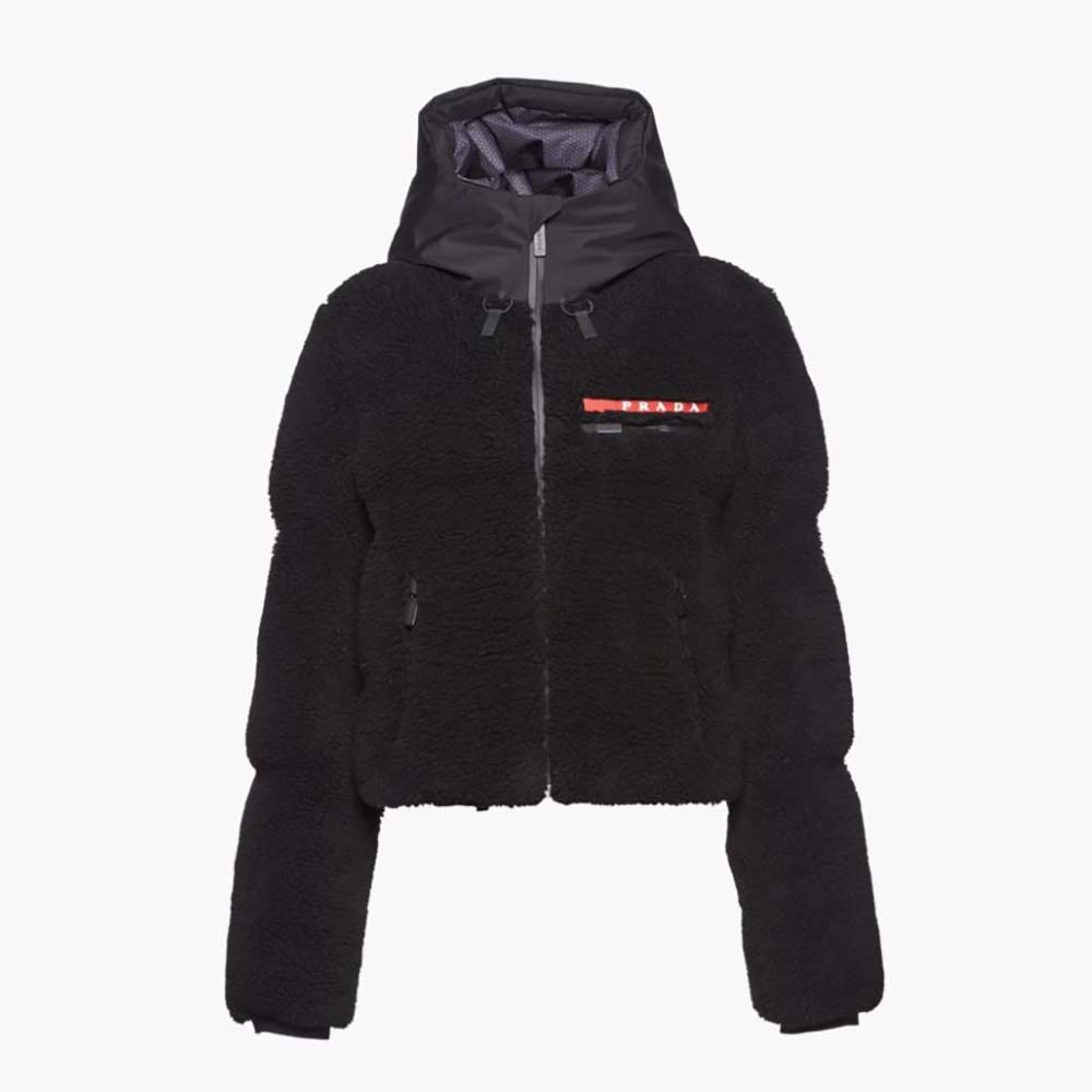 Front view of Prada Women Cropped Recycled Fleece Down Jacket-Black zipped up