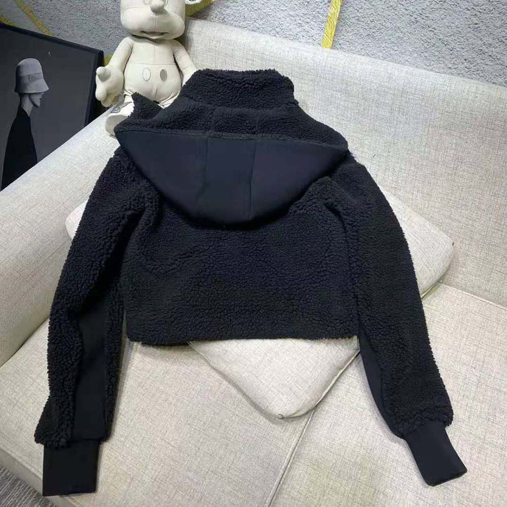 Prada Women Cropped Recycled Fleece Down Jacket-Black - image 5