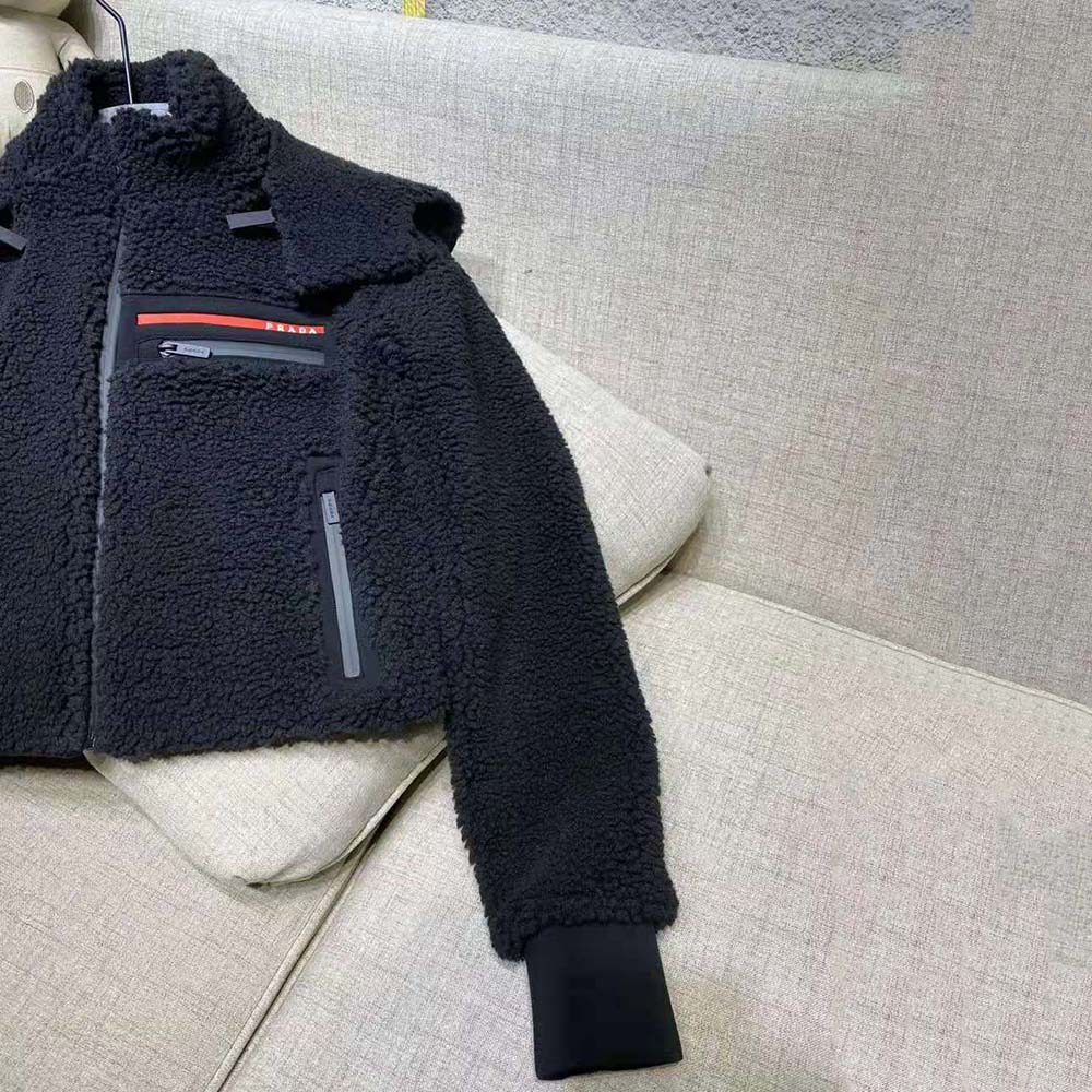 Prada Women Cropped Recycled Fleece Down Jacket-Black - image 8
