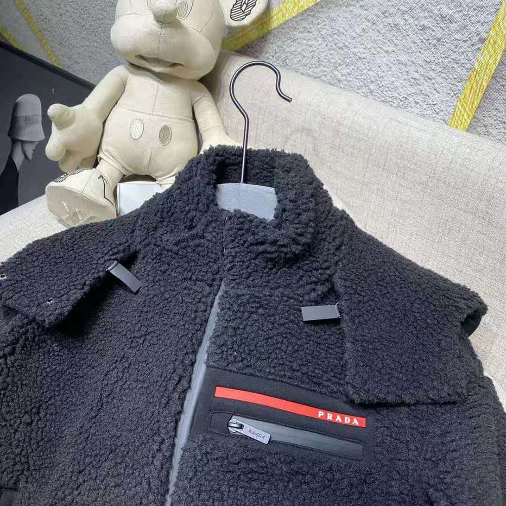 Prada Women Cropped Recycled Fleece Down Jacket-Black - image 7