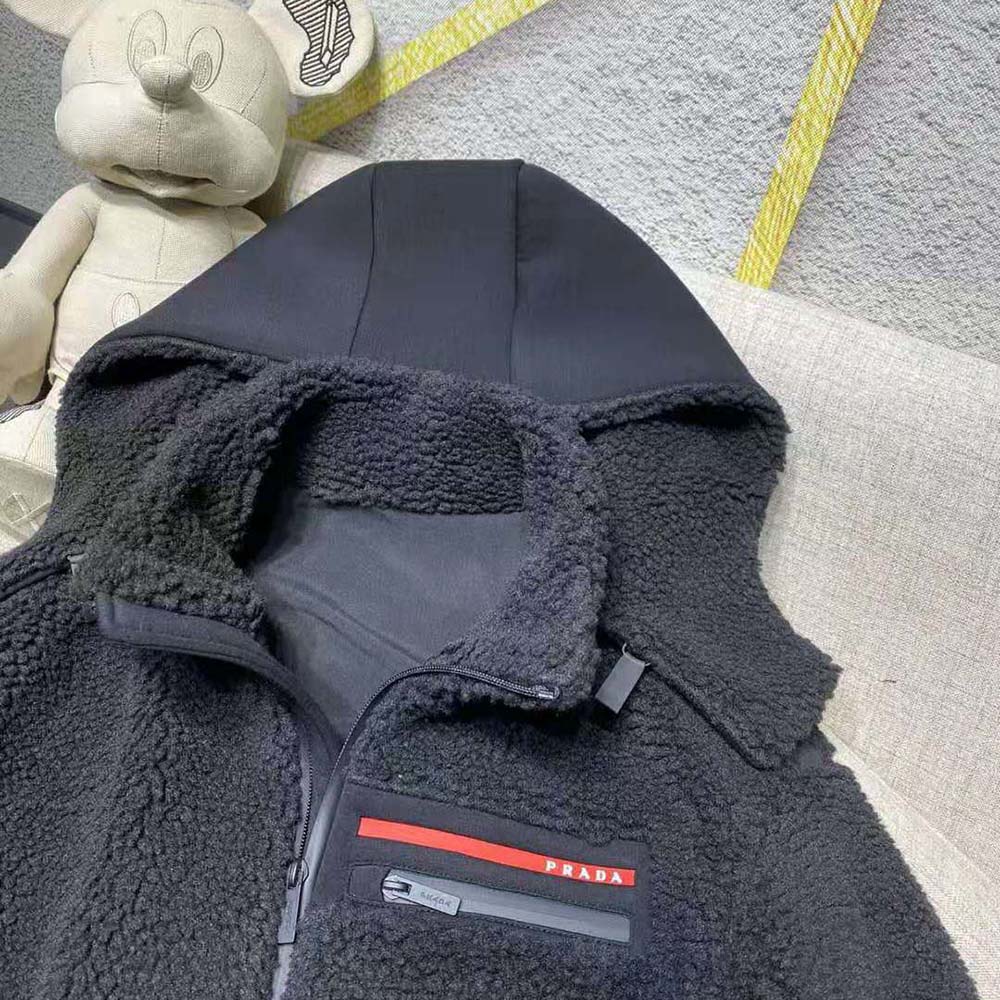 Prada Women Cropped Recycled Fleece Down Jacket-Black - image 6
