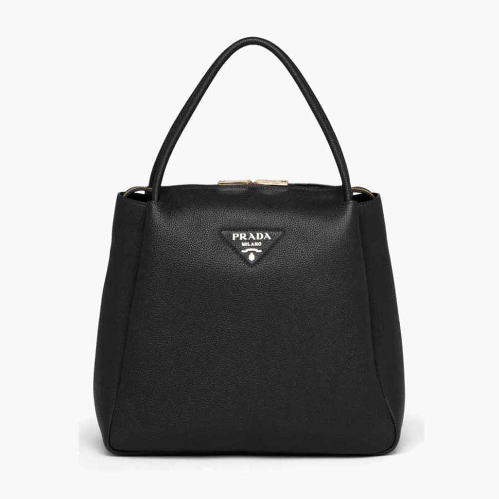 Front view of Prada Women Medium Leather handbag with metal logo