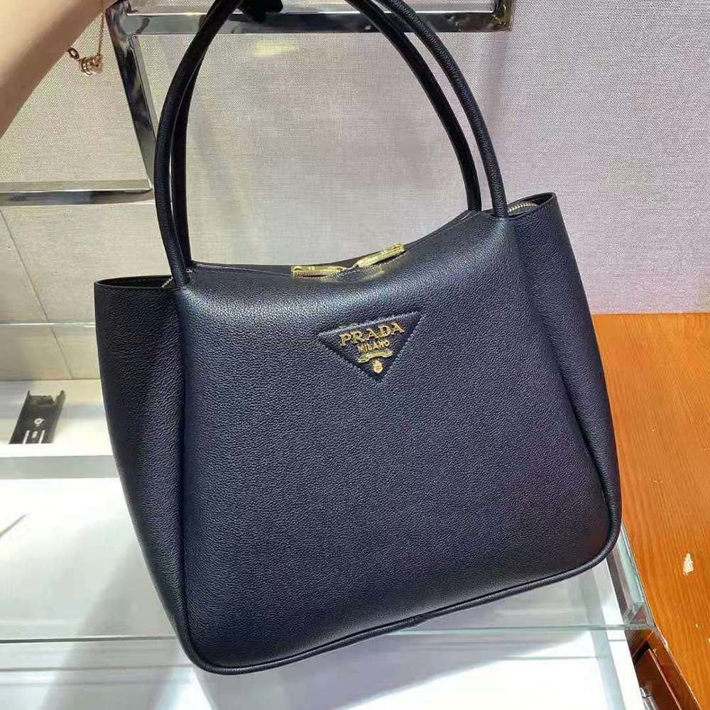 Prada Women Medium Leather handbag with the Prada Metal Lettering Logo Illuminating Its Center-Black - image 5