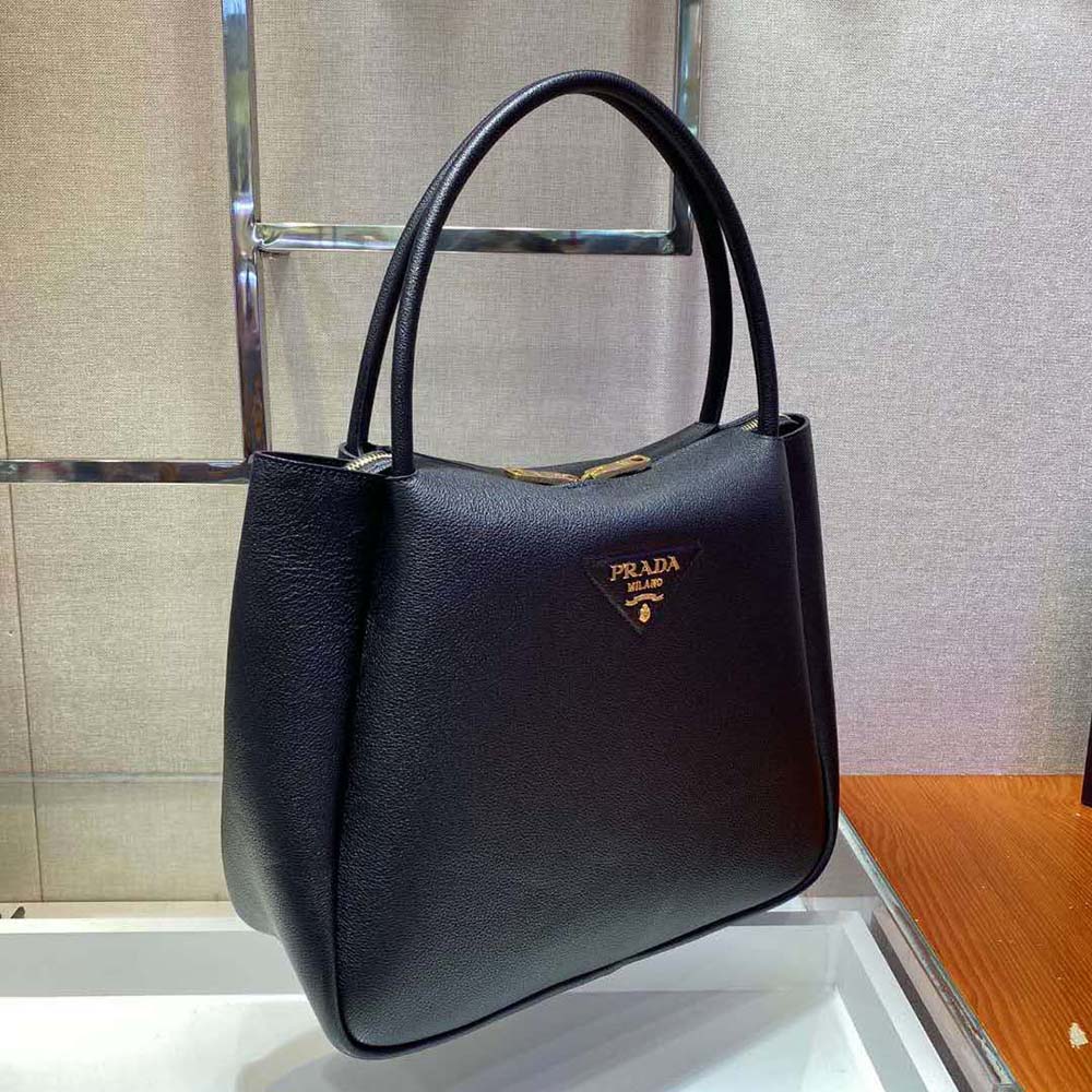 Prada Women Medium Leather handbag with the Prada Metal Lettering Logo Illuminating Its Center-Black - image 4