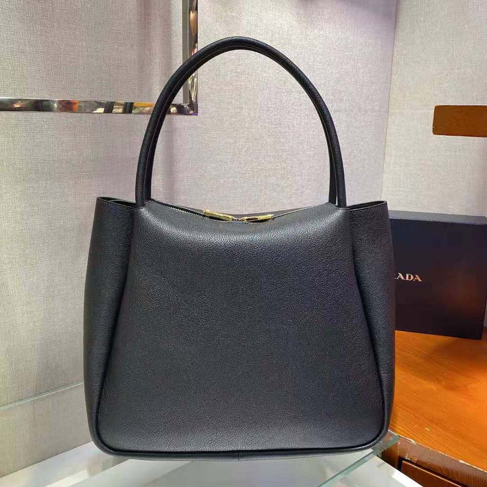 Prada Women Medium Leather handbag with the Prada Metal Lettering Logo Illuminating Its Center-Black - image 6