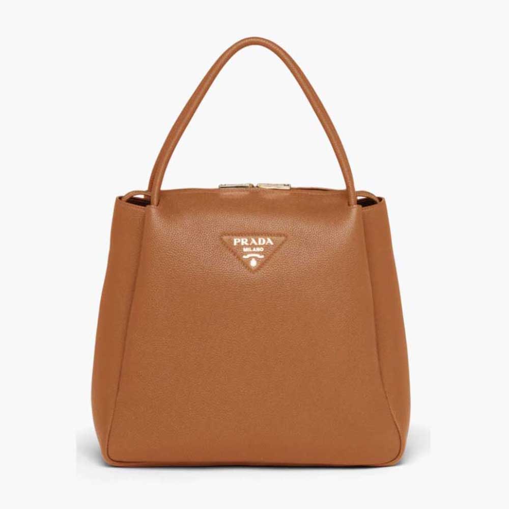 Front view of Prada Women Medium Leather handbag with metal logo center