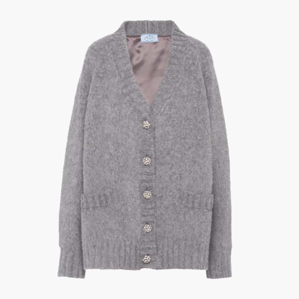 Front view of Prada Women Oversized Shetland Wool Cardigan in silver
