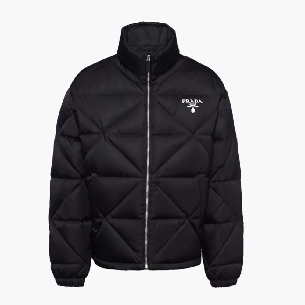 Front view of Prada Women Re-Nylon Down Jacket-Black with zip closed