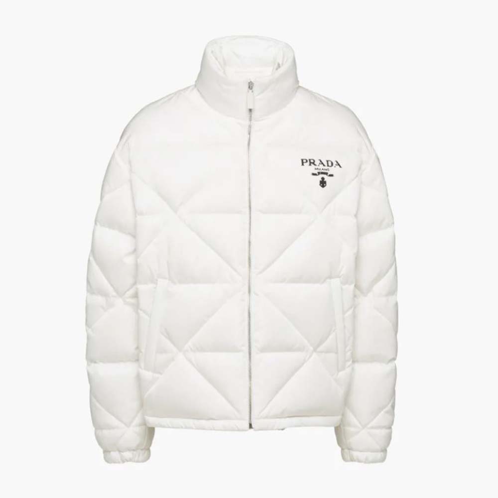 Front view of Prada Women Re-Nylon Down Jacket-White with zipped closure