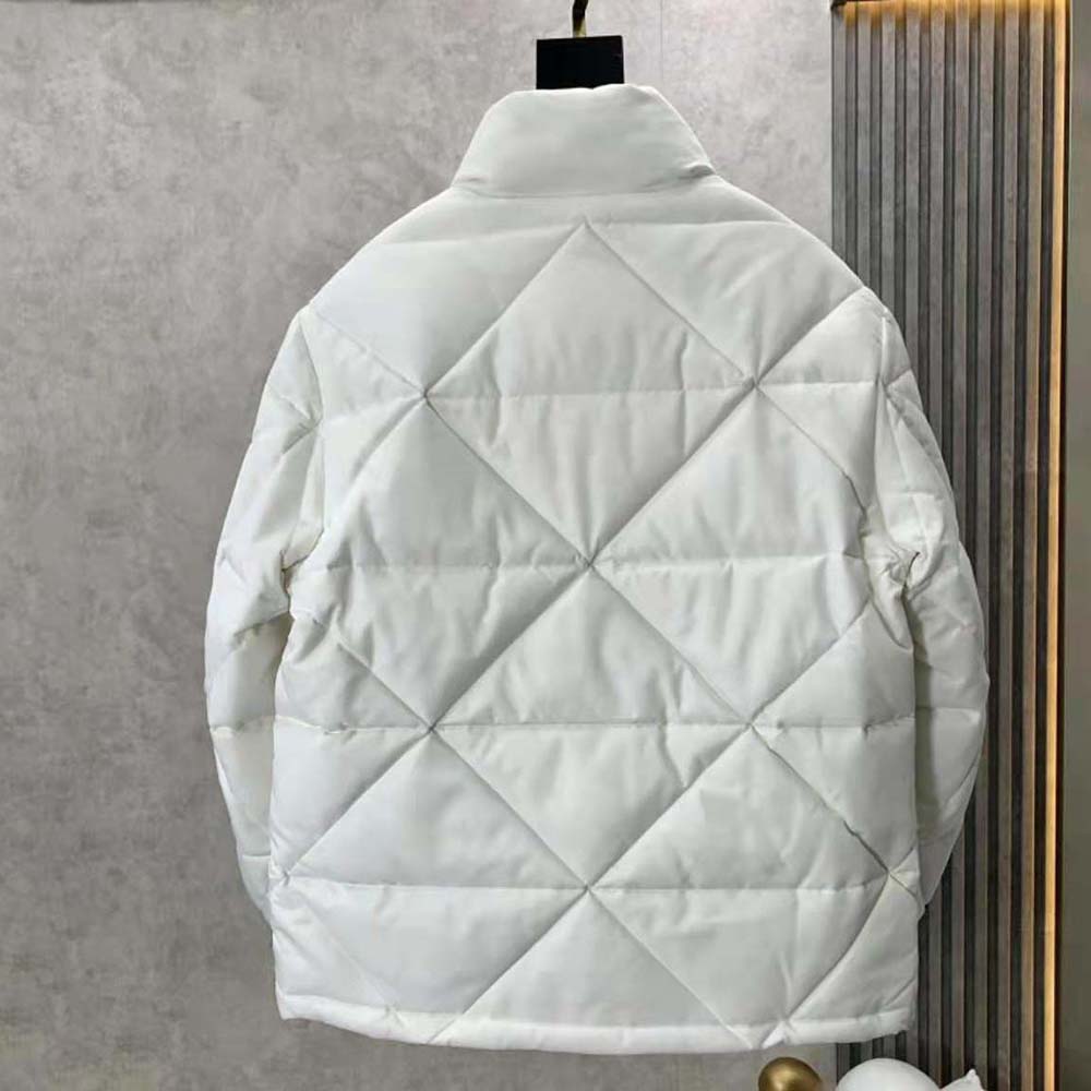 Close-up detail of silver-tone hardware on Prada Women Re-Nylon Down Jacket-White