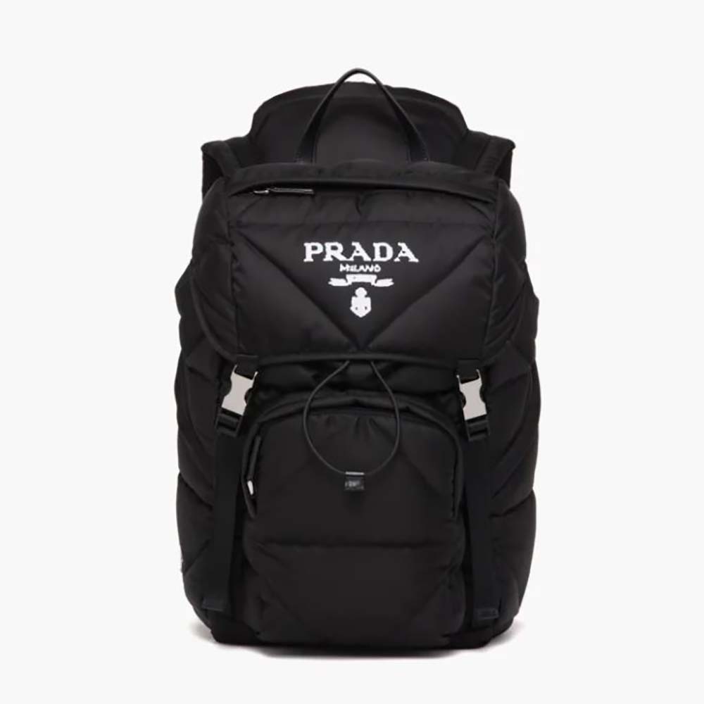 Front view of Prada Women Re-Nylon Padded Backpack with Hood in black