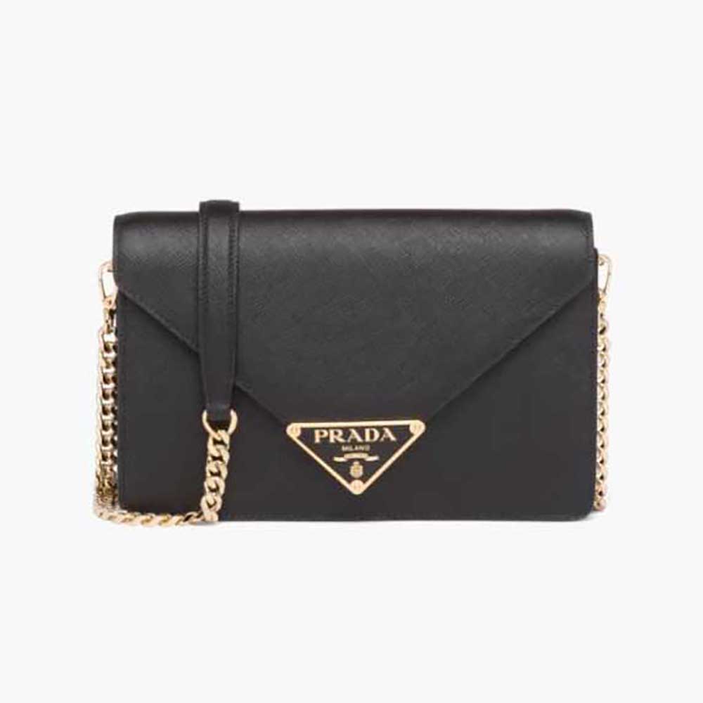 Front view of Prada Women Saffiano Leather Shoulder Bag-Black with flap closure