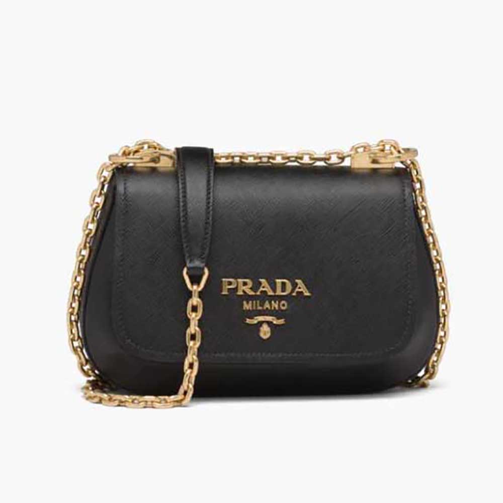 Front view of Prada Women Saffiano Leather Shoulder Bag-Black showing flap closure